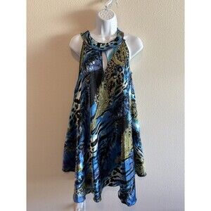Mia Mia Collection L/XL Blue Animal Paisley‎ Plisse Pleated Halter Mini Dress